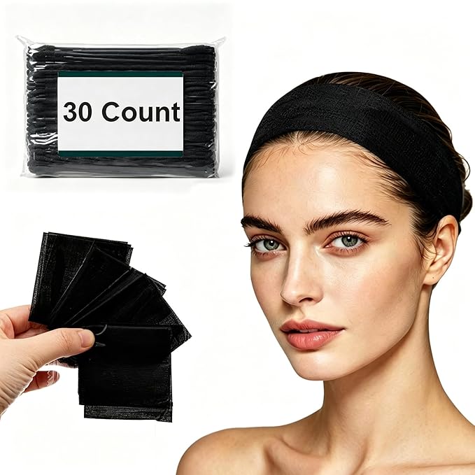 160 Count Disposable Spa Headbands for Women - Individually Wrapped Facial Headbands for Skincare, Makeup & Estheticians - Stretch Non-Woven Hair Bands for Salon & Home (Black)