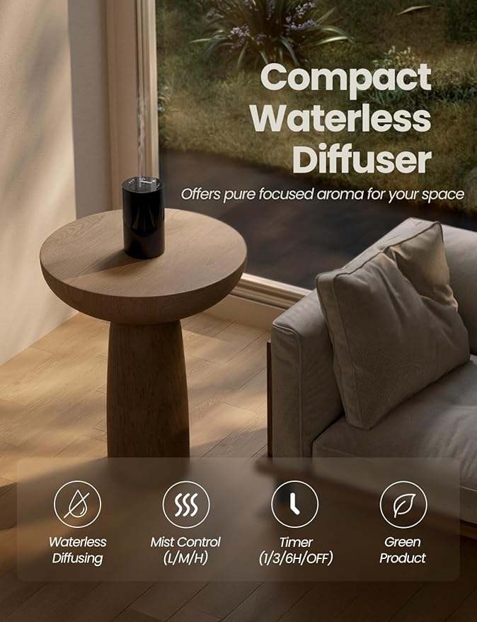 Waterless Essential Oil Diffuser, Portable Aromatherapy Diffuser with 20mL Capacity, Battery Operated Mini Scent Diffuser,3 Mist Levels & Timers, Leak-Free, for Home, Car, Office (Black 2 Pack)