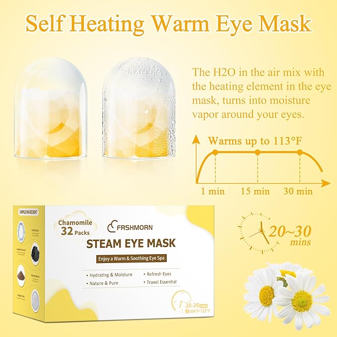 32Packs Steam Eye Mask, Heated Eye Mask for Sleeping, Warm Compress for Eyes, Self Heating Disposal Steam Mask for Home Sleep, Office, Spa, Travel Essentials Mothers Day Gifts (Chamomile)