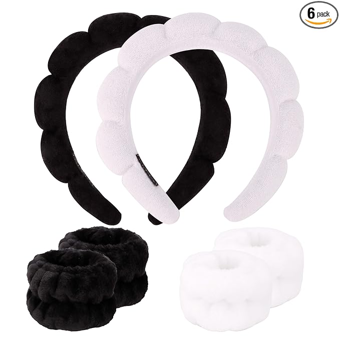 SPA Headbands for Washing Face Makeup Headbands with Bow Hair Band Women Facial Head Band Wrist Towel Wraps For Shower Face Mask Black White, 6 Pack