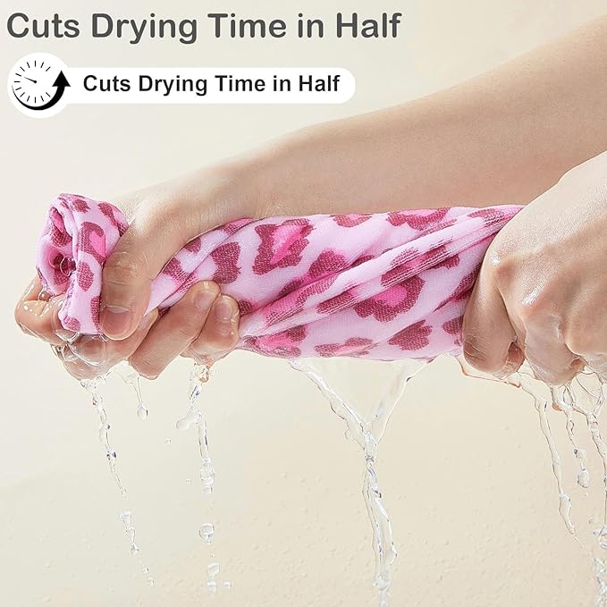 2 Pack Microfiber Hair Towel Wrap for Girls, Quick Dry Hair Turban for Kids, Absorbent Frizz-Free Hair Drying Towel with Button for Long Thick Curly Hair, Purple Pink Leopard
