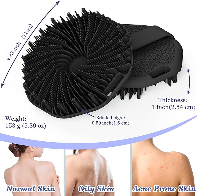 ManmiHealth 2 PCS Silicone Body Scrubber Shower Brush, Upgrade Super-Exfoliating Shower Scrubber with Non-Slip Hand Strap, Silicone Body Buffer for Use in Shower with a Free Hook (Black+Gray)