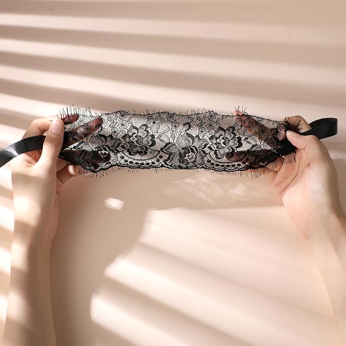 FRESHME Lace Blindfold Sleep Mask - Black Rosea Flower Embroidery See-Through Blind Fold Adjustable Eyes Covers for Women Couple Bed Night Sleeping Time Gift