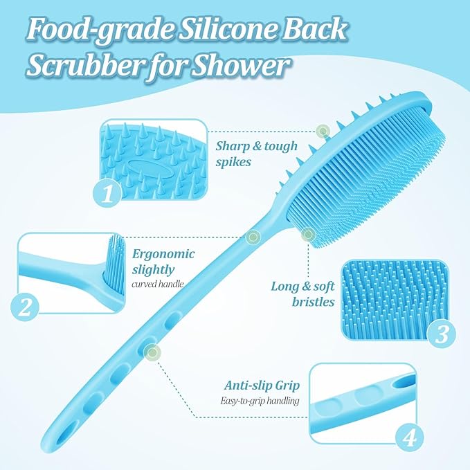 Silicone Back & Body & Face Scrubber Set 3PCS, Gentle Exfoliating Back & Body Scrubber with Dual-Side Brush Head, Hygienic Silicone Loofahs with Soft Bristle and Non-Slip Handle(Blue-3PC)