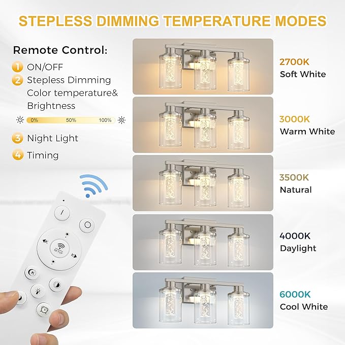 L LOHAS LED 3-Light Brushed Nickel Bathroom Light Fixtures, Crystal LED Bathroom Vanity Lights with Clear Glass Shade, 5CCT Dimmable Vanity Lights for Living Room Hallway with Remote Control