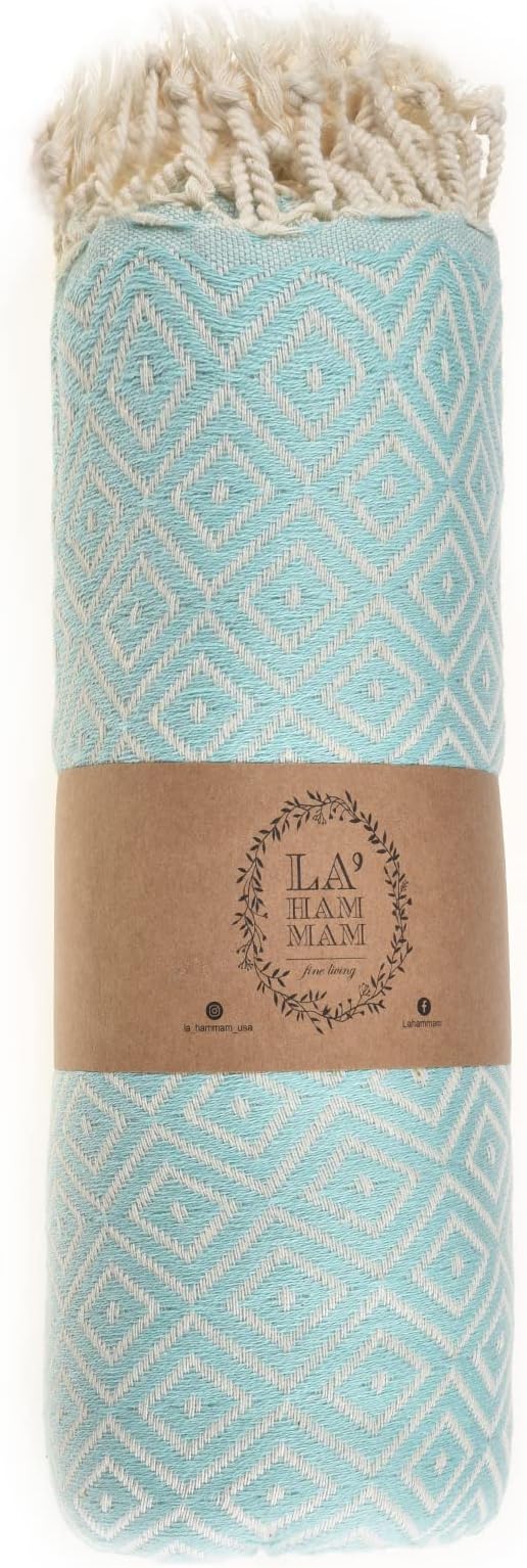 Personalized Beach Towel | Cotton Beach Towels, Easy to Carry, Sand Free, Highly Absorbent, Quick Dry, Turkish Towels for Travel Camping Bath Sauna Beach Gym Pool Yoga SPA by Lahammam, Malta, Aqua