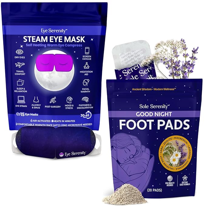 Lure Essentials Eye Serenity Steam Eye Mask and Sole Serenity Good Night Foot Pads Bundle – Self-Heating Warm Eye Compress with Cleansing Foot Pads for Nighttime Routine