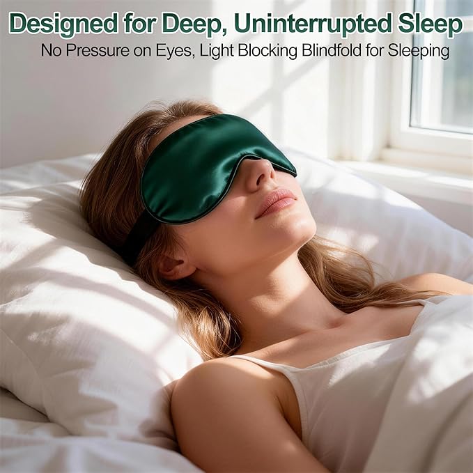 Silk Sleep Mask for Sleeping, Blackout Eye Mask with Adjustable Strap, Lightweight & Comfortable Blindfold for Women & Men, Includes Protective Laundry Bag for Eye Cover(Green)