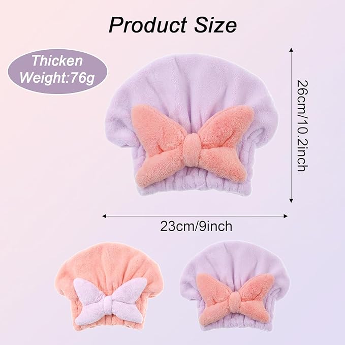 2Pcs Skin-Friendly Hair Drying Cap Quick-Drying Hair Towel Cap Microfiber Hair-Towel Bonnet (Pink+Purple)