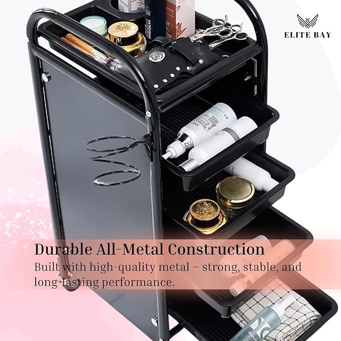 ELITE BAY-Hairdressing Trolley- Metal Salon Rolling Cart Organizer.Durable Beauty Storage Unit with Wheels.Multi-Tier Tray System for Hair Tools, Makeup & Spa Essentials.Black & Gold Finish