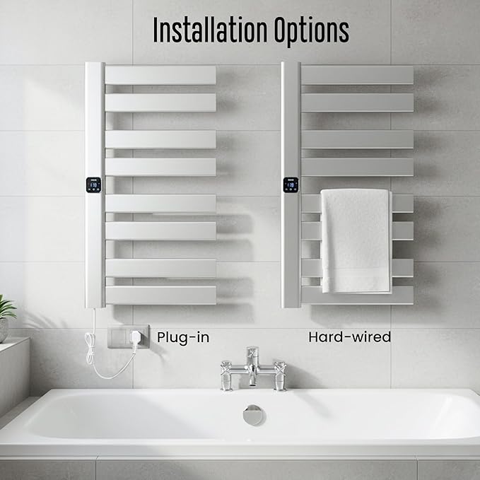 Towel Warmer, Heated Towel Rack with Built-in Timer and Temperature Control,Hard-Wired(Left-Wiring)/Plug-in Wall-Mounted Towel Rail, Aluminum, 18.8" W X 34.64" H, Silver