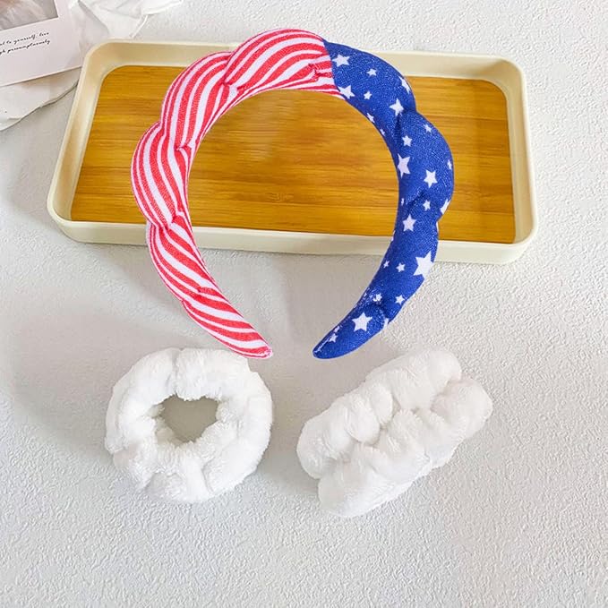 Beleki Spa Headband for Washing Face Wristband Set Sponge Makeup Skincare Headband Terry Cloth Bubble Puffy Hairband Non Slip Patriotic Hair Accessory for Women - 4th of July