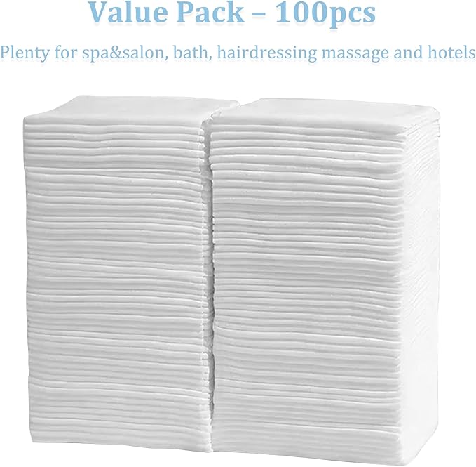 Disposable Bath Hair Towels, 100-Count 12" x 28", Thick Pearl Texture, Soft & Absorbent Salon Spa Towels(White)