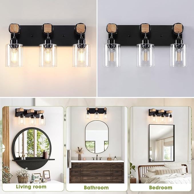 Licperron Farmhouse 3-Lights Wood Bathroom Vanity Light, Rustic Black Bathroom Light Fixtures Over Mirror, Vintage Vanity Wall Sconce Light with Clear Glass Shades for Living Room, Bedroom, Hallway