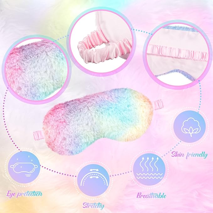 Cuffbow 6 Pack Plush Sleep Mask Set, Cute Plush Eye Masks for Sleeping, Soft Comfortable Travel Nap Blindfold, Sleepover Party Favors for Women(Tie Dye,Rainbow)