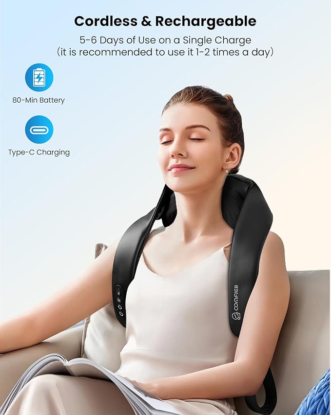 COMFIER Shiatsu Neck Massager with Heat - Cordless 4D Neck and Shoulder Massager for Pain Relief Deep Tissue, Graphene Heating, Trapezius Muscle Relaxer Massage Pillow, Black