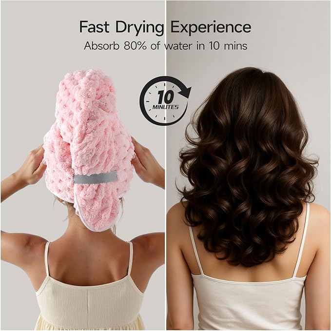 REDKISS 2 Pack Microfiber Hair Towels - Extra Large Hair Towel Wrap for Women, 24x42 inch Pink Hair Towels with Elastic Strap, Super Soft Blue Hair Drying Towels Curly Anti Frizz Turbans