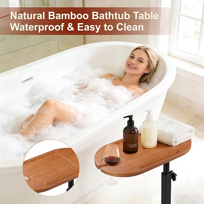 Bamboo Bathtub Side Table, 360° Swivel Height Adjustable Freestanding Bath Caddy Tray Organizer with 5 Storage, Luxury Home Spa Bathroom Essential (Walnut)