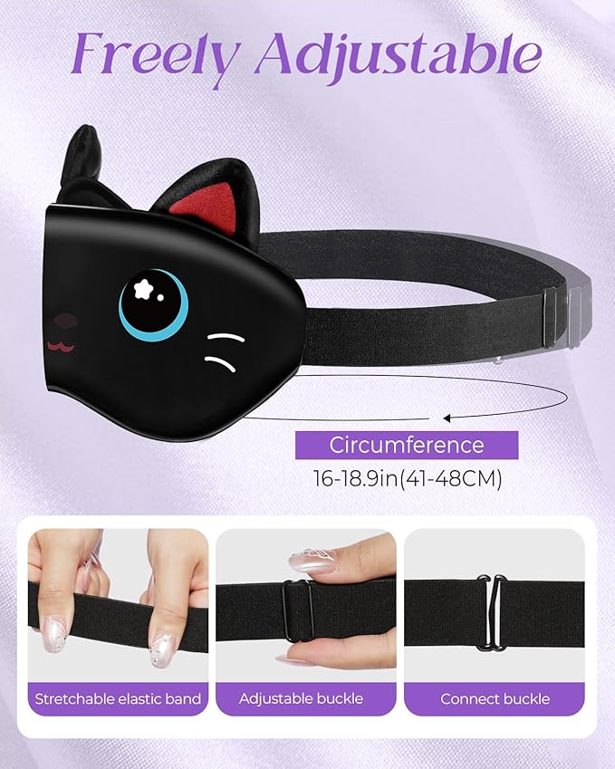 Miss Adola Sleep Mask for Kids - Valentines Gift for Kids Cute Silk Eye Cover for Sleeping Soft Kawaii Eyeshade Animal Eye Blindfold with Adjustable Strap for Girls Teens, Black Cat