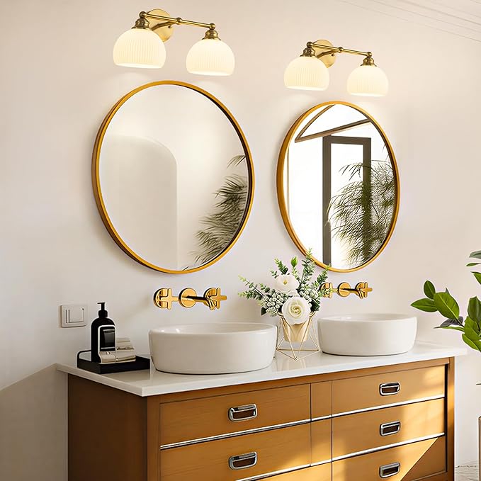 GoYeel Bathroom Vanity Light Fixtures, 2 Light Bathroom Lights Over Mirror Vintage Gold Antique Restroom Light Fixture with Milk White Glass Shade for Bathroom, E26 Base