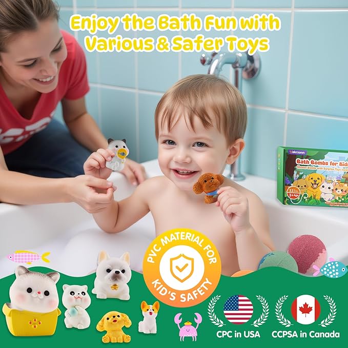 Bath Bombs for Kids with Surprise Toys Inside, 12 Pcs Kids Bath Bombs with Cat Dog Toys, Natural Safe Bathbombs for Moisturizing Sensitive Skin, Fun Bubble Bath Fizzies Gift for Boys Girls Toddlers