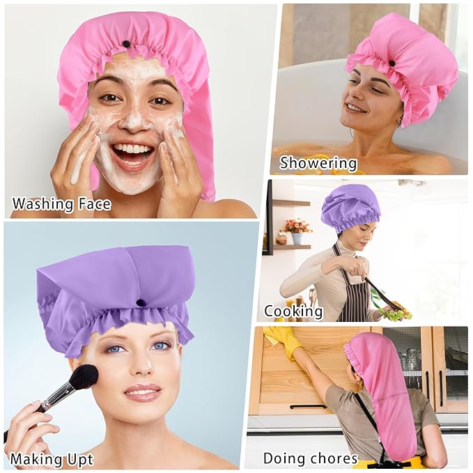 2 Pcs Large Shower Cap for Braids, Extra Long Shower Cap for Women Long Hair & Locs, Waterproof Hair Bonnets for Dreadlocks Drawstring Bath Caps for Women & Men (Pink, Purple)