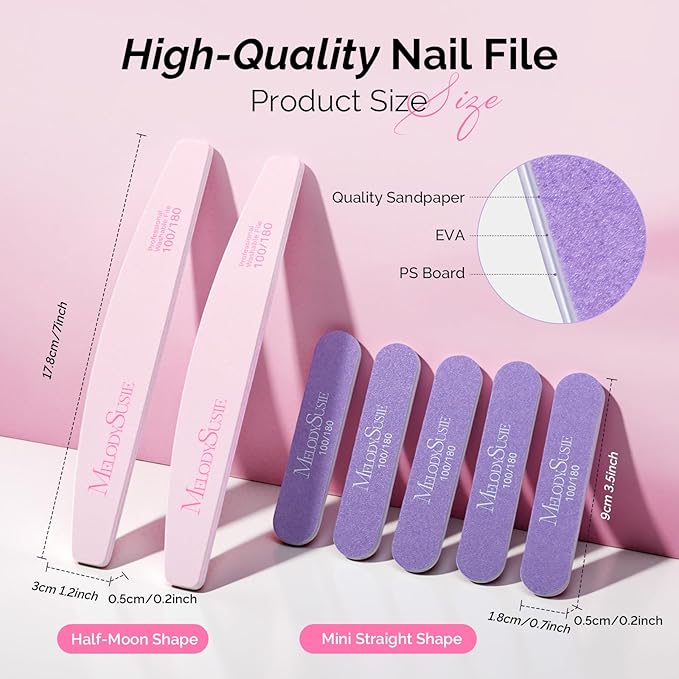 MelodySusie Nail File Kit, 7Pcs Double Sided 100/180 Grit Mixed-Shape Emery Boards for Nails, Professional Manicure Pedicure Supplies for Home and Salon Use, Mothers Day Gifts, Pink & Purple