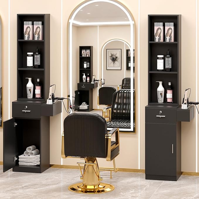 mefeir Salon Station, Barber Hair Stylist Storage Cabinet with Lockable Drawer, 5 Compartments & Shelf, Durable MDF, Organizer Equipment for Beauty Salon, Barbershop, Upgrade Black