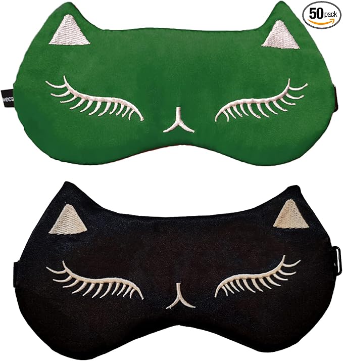 Cute Cat Sleep Mask for Kids (Green&Black), 2 Pack Silk Sleeping Eye Cover Adjustable Mask Night Eyeshade Cover for Girls Boys Women Men Sleep Travel Party…