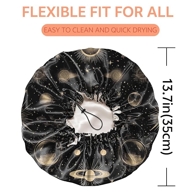 Shower Cap Reusable Double Layer Adjustable Elastic Waterproof EVA Hair Bath Caps for Women Girls Cute Aesthetic-Moon