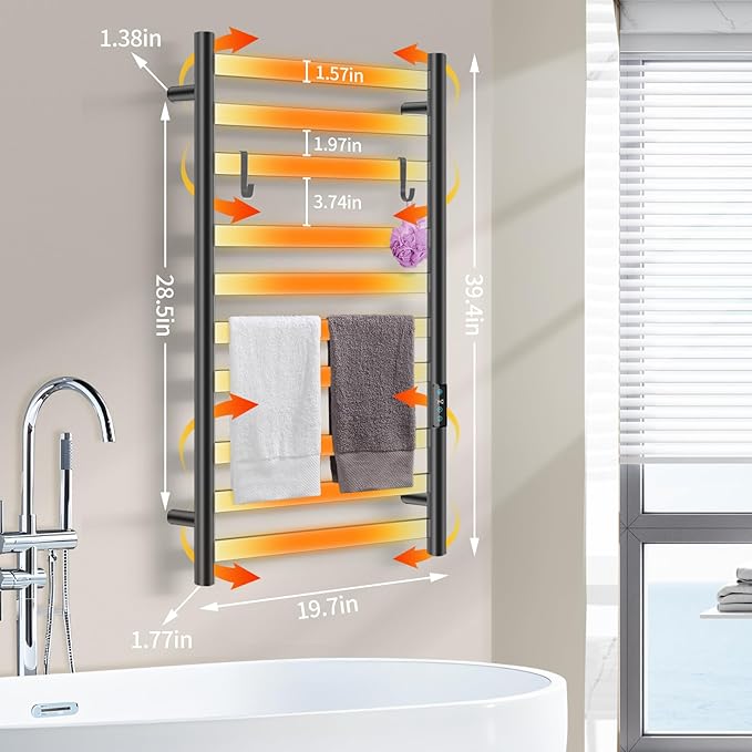 Heated Towel Rack for Bathroom, Hot Towel Warmer Rack Large 10 Bar Electric Hot Towel Warmer, Stainless Steel Wall Mounted Rack with LED Built-in Timer, Plug-in, Fast Heating, Black