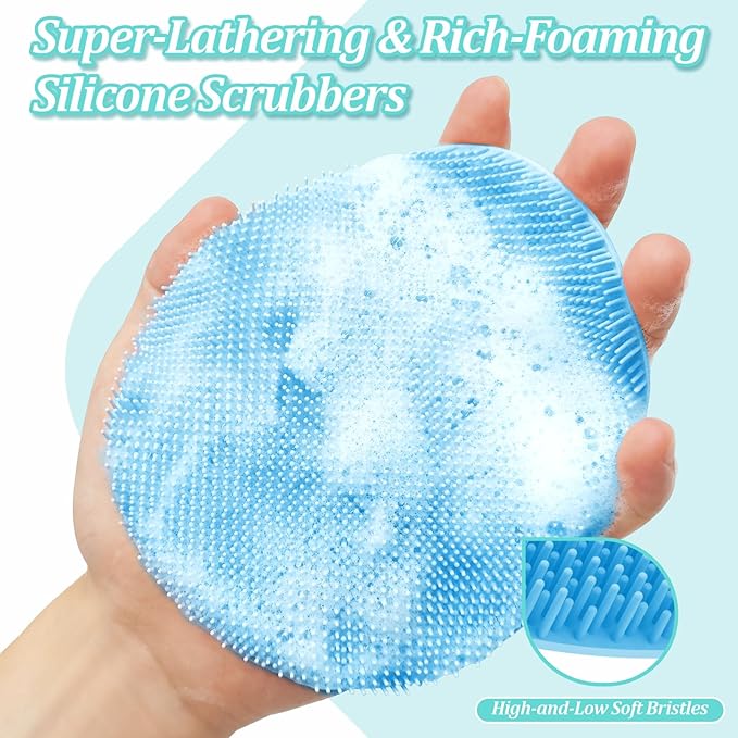 Silicone Back/Body/Face Scrubber & Soft Bath Glove Set 4PCS, Gentle Exfoliating Back & Body Scrubber with Dual-Side Brush Head, Hand-fit Bath Glove & Face Scrubber for Deep Cleaning(Blue-4PC)