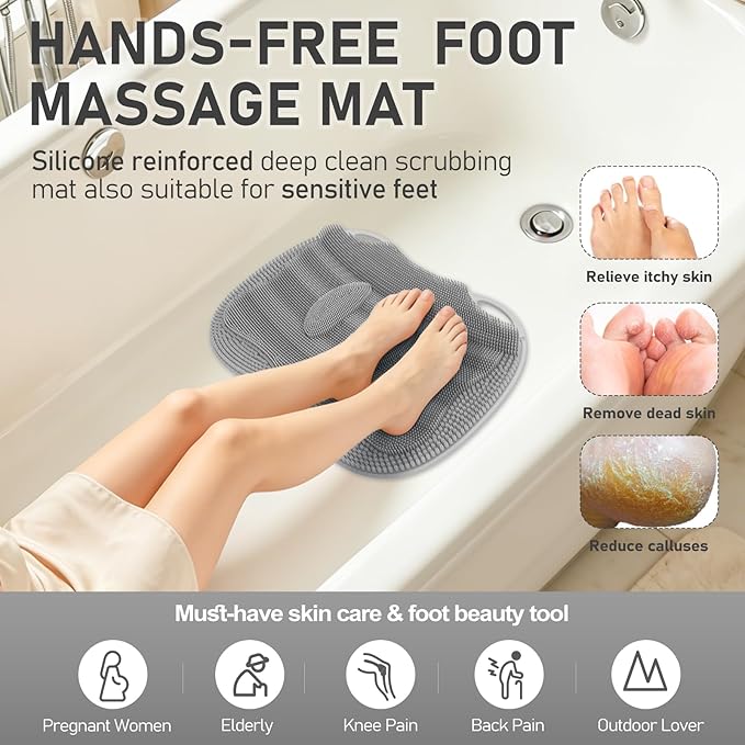 Shower Foot Scrubber Mat XL, Silicone Feet Toes Massage Cleaner -Upgraded Long Brush Pad Without Bending Non-Slip Suction Cups for Foot Bath Bathtub Exfoliate Smooth Skin 17.4x13 Grey