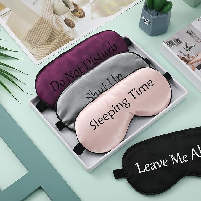 Geyoga 4 Pieces Funny Eye Mask for Sleep Soft Satin Eye Mask Blackout Blindfold with Adjustable Strap Silk Cover Out Lights for Women Men Travel, Nap, Meditation (Champagne, Grey, Purple, Black)