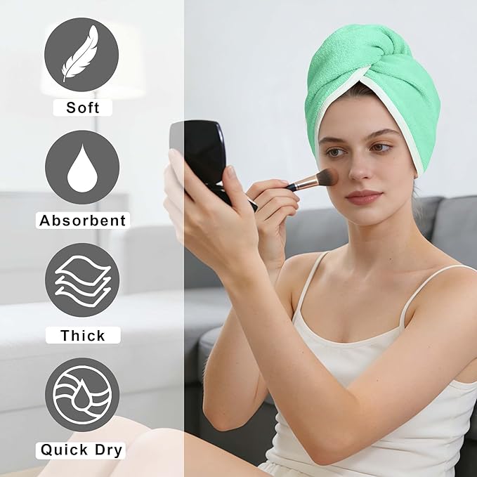 VOOVA & MOVAS Green & Navy Microfiber Hair Towel Wrap for Women 2-Pack, Super Absorbent Quick Dry Hair Towels Turban for Wet Hair After Shower, Soft Lightweight Hair Wraps