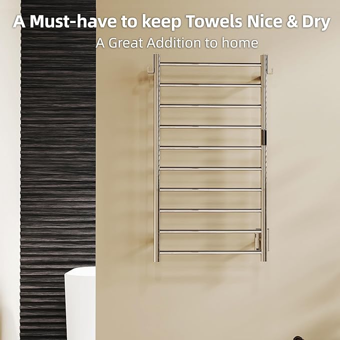 P&Dlusir Towel Warmer, Heated Towel Rack with Smart Timer and Thermo Control, Wall-Mounted Heated Towel Rail, Stainless Steel, Hard-Wired/Plug-in, Polished, 10 bar