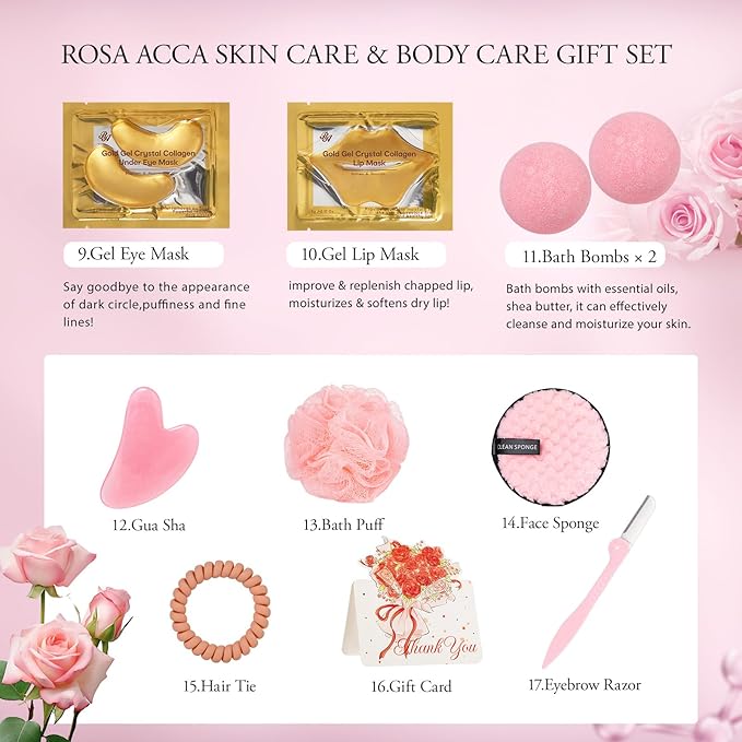 Mother's Day Gifts for Mom, Rose 23 Pcs Facial Skin Care Set, Bath and Body Gifts Basket Set for Women, Home Spa Set, Self-Care Set, Face Oil, Birthday, Christmas, Valentines, Girlfriend, Anniversary