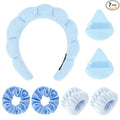 7Pcs Spa Set - Puffy Headband, Wristbands, Powder Puffs, Makeup Removal Terry Cloth Headband - Blue