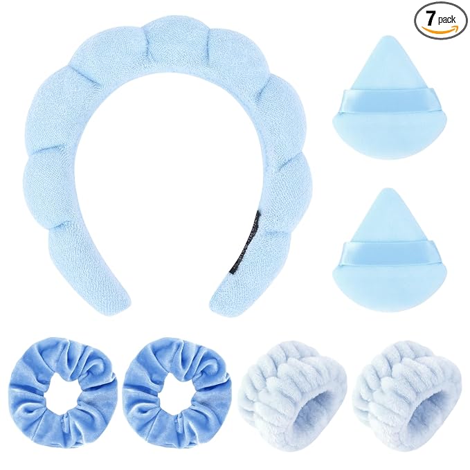 7Pcs Spa Set - Puffy Headband, Wristbands, Powder Puffs, Makeup Removal Terry Cloth Headband - Blue