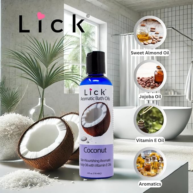 Lick Coconut Aromatic Bath Oil - Tropical Aromas Set - Soothing Bath Soak Oils, 4 oz