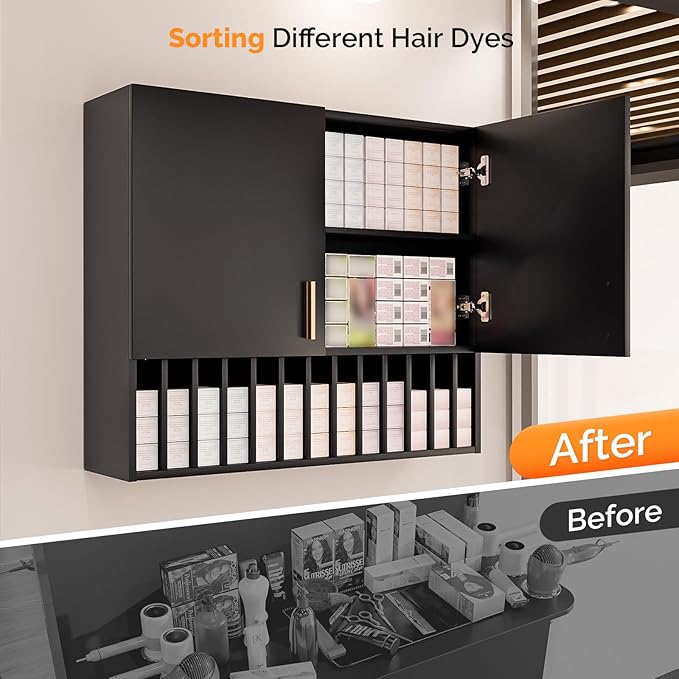 OmySalon Hair Color Organizer Rack, Salon Hair Color Tube Storage Cabinet with Adjustable Shelves, Wall Mounted Salon Barber Station for Barbershop Beauty Spa, Black