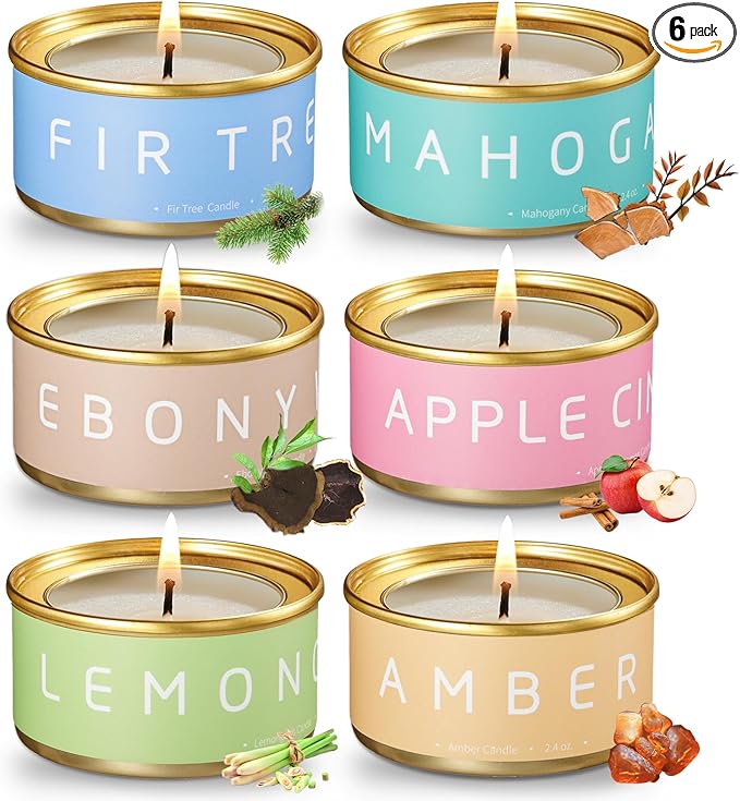 Scented Candles Gift Set, Natural Beeswax Aromatherapy Candles for Mother's Day, Birthday, Christmas, Holiday Gift Ideas for Women, Small Portable Tin Travel, 6-Pack Variety Luxury Home Scents