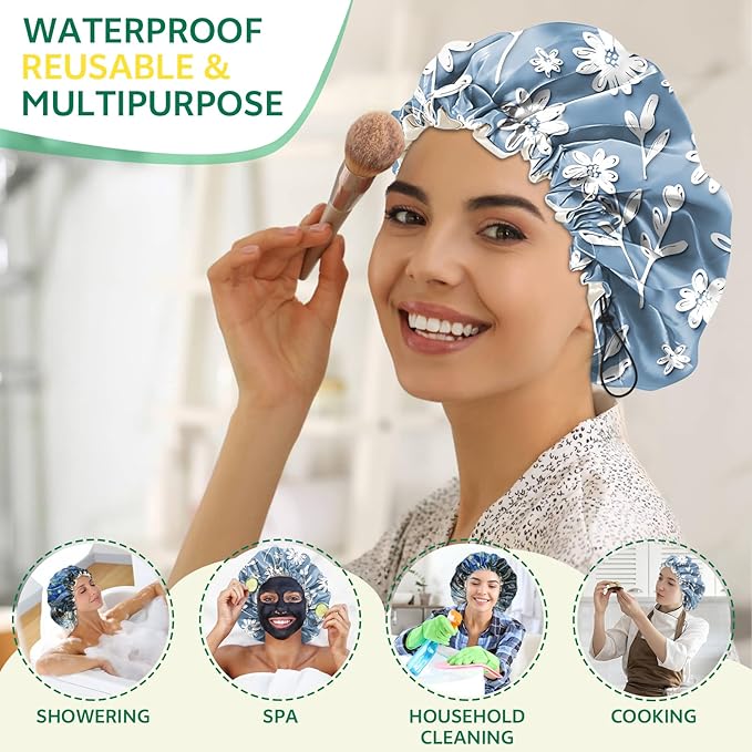 2 PCS Shower Cap Waterproof Double Layer Elastic Adjustable Reusable Hair Bath Caps for Girls Women Cute Aesthetic-Blue White