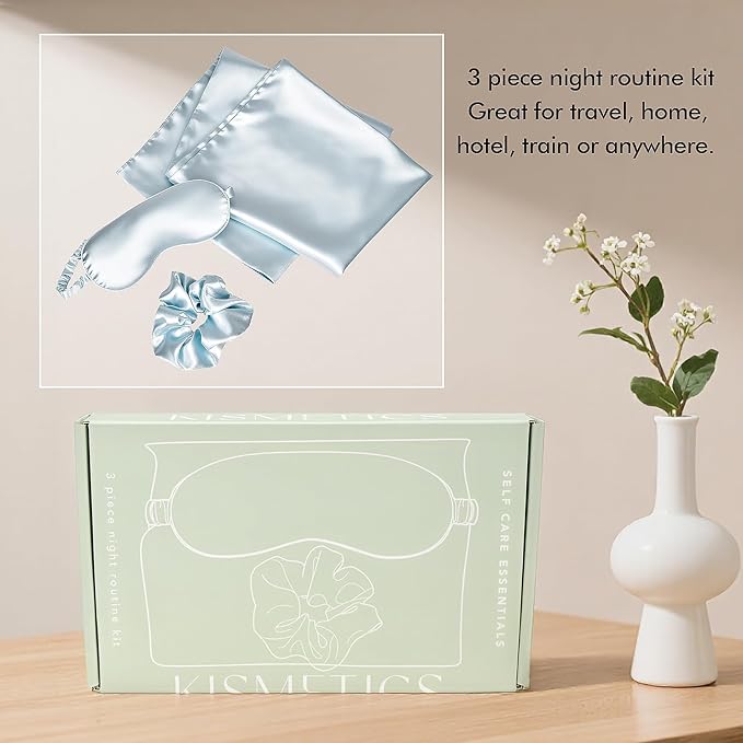 Vegan Silk Sleep Set, Vegan Silk Pillowcase with Large Scrunchie and Eye Mask for Hair and Skin, Self Care Essential Satin Night Routine Kit (Light Blue Color)