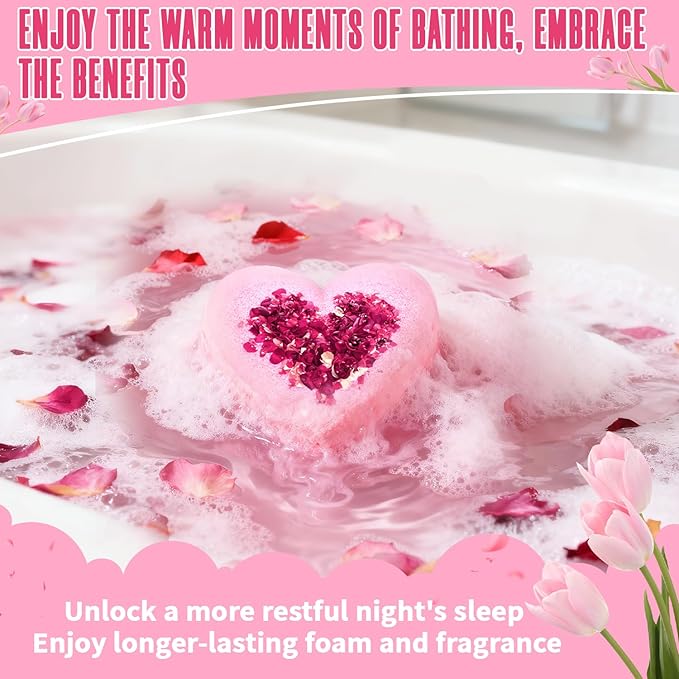 Bath Bombs for Women XXL, Basket Set for Mothers Day Gifts for Mom, Organic Heart Shaped Handmade Rose Essential Oil, Pink Teacher Appreciation Gifts for Wife Daughter Girlfriend Coworkers