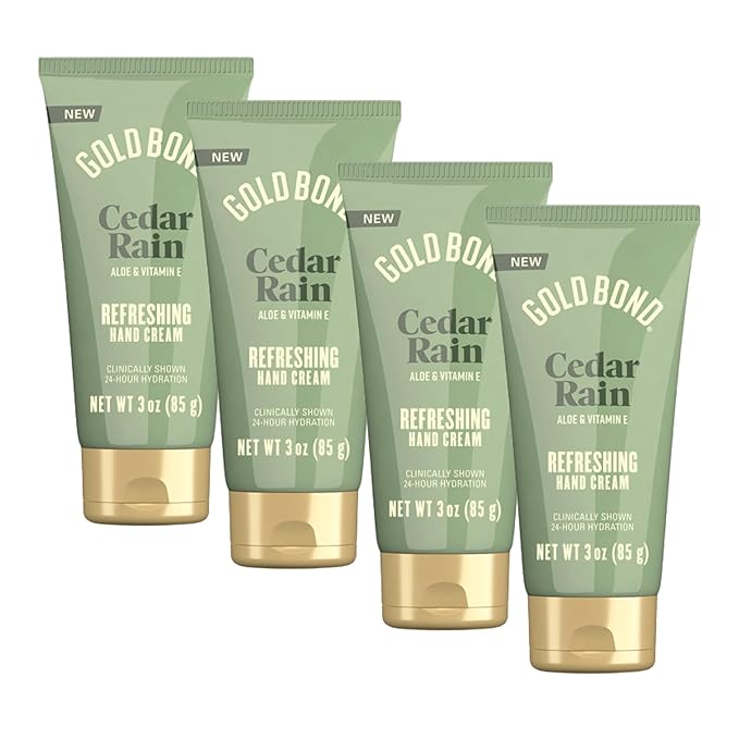 Gold Bond Hand Cream, Cedar Rain Refreshing Hand Cream with Aloe Vera to Refresh Skin and Vitamin E to Help Soothe the Skin, Comforting Cedar Rain Scent, 3 oz, 4 pk