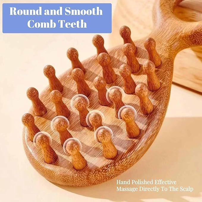 Sandalwood Head and Scalp Massager Comb, Wide Tooth Wooden Gua Sha Tool with Ergonomic Handle for Stress Relief, Headache, Neck and Shoulder Relaxation