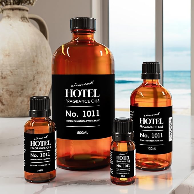 AirScent Hotel Diffuser Oil No. 1011 Inspired By The Beach Villas Hotel Scent - Premium Fragrance Oil for Ultrasonic and Waterless Diffusers and Crafting - 500 mL, 16.9 fl oz Glass Bottle