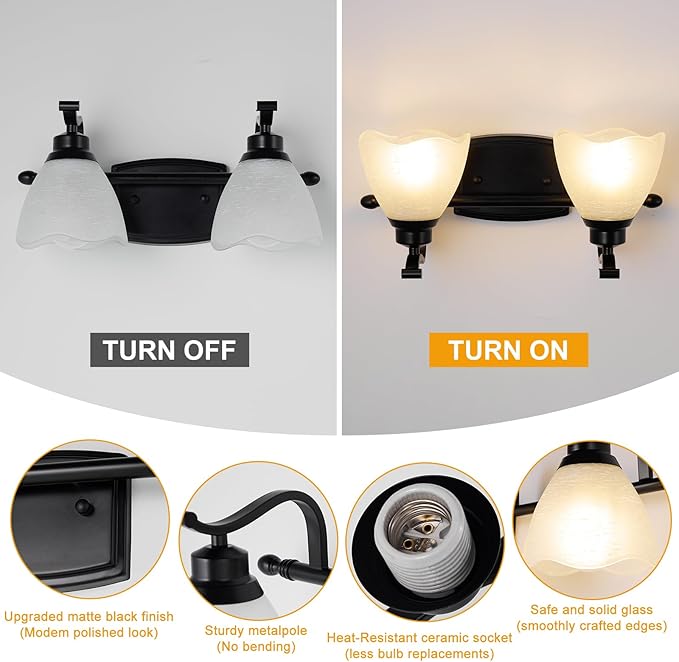 Bathroom Light Fixtures (2-Light, 15 Inch), Matte Black Vanity Lights for Bathroom with White Frosted Glass Shade, Modern Vanity Wall Lights for Mirror Bedroom Living Room Hallway