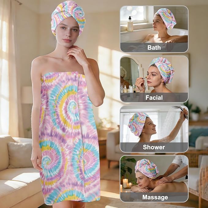 Absorbent Bath Towel Wrap Set for Women, Blue Tie-Dye Print Towel Wrap After Shower, Microfiber Shower Robe Body Towel Wraps for Women, Quick Dry Hair Towels Wraps for Spa Hotel Beach Girl